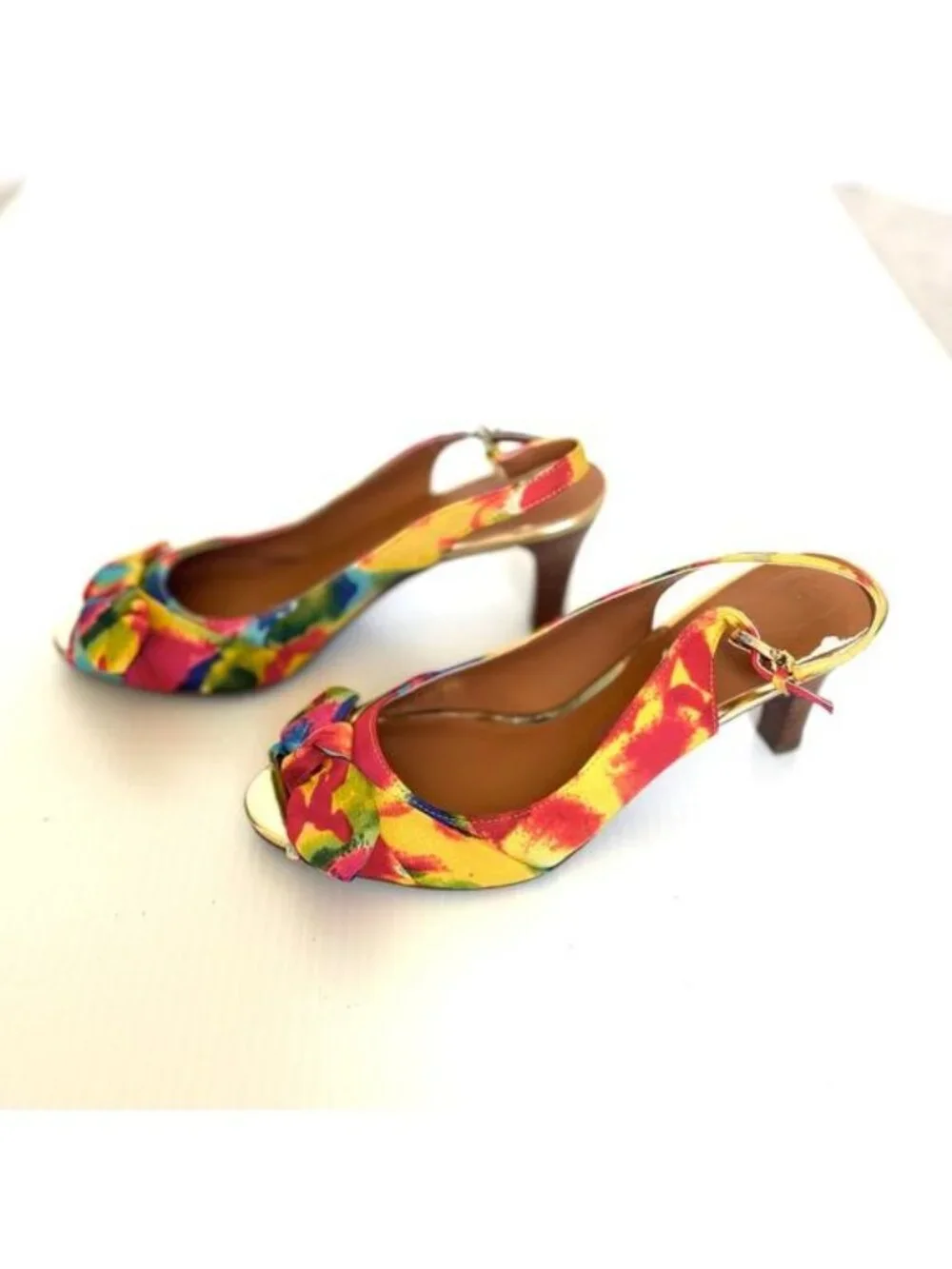 Etienne Aigner Heels Slingback Floral Peep Toe Gold Trim Women’s 5.5 Shop Worn - Picture 5 of 9